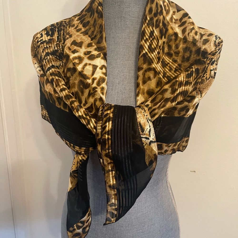 Leopard Print Satin Scarf - Black & Gold